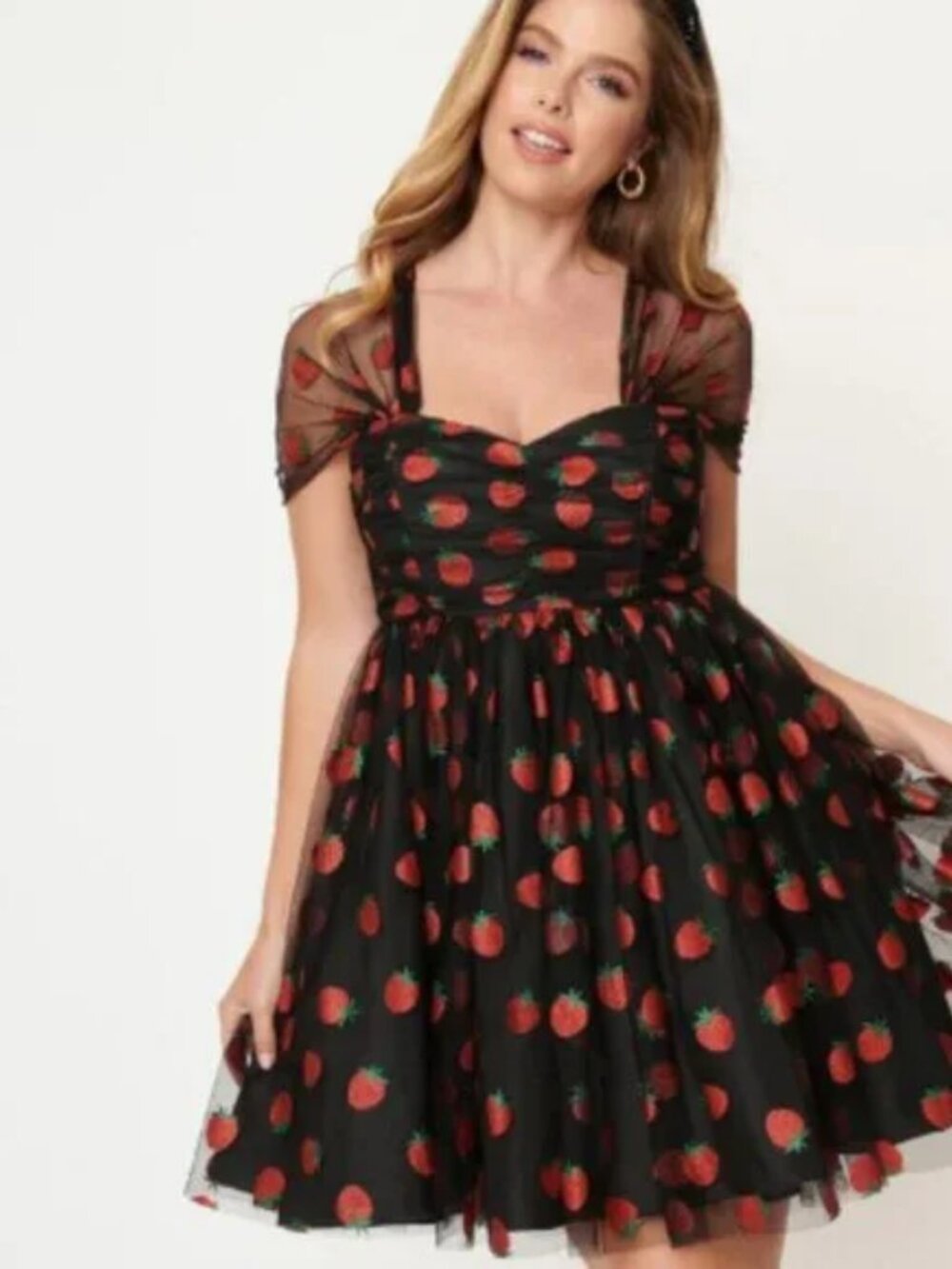 Unique Vintage Black Glitter Strawberry Print Dress